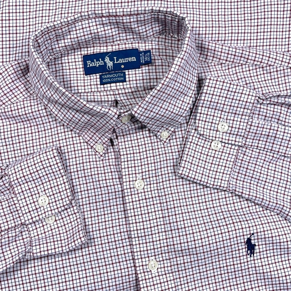 Ralph Lauren Shirt Men 16.5 34 MaroonButton Up Tattersall Plaid Blue Pony Large*